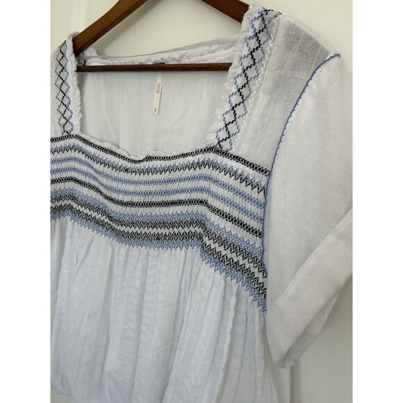 Free People Shirt Small Smocked Yoke Embroidered Cropped Airy Coastal Casual - Picture 3 of 11